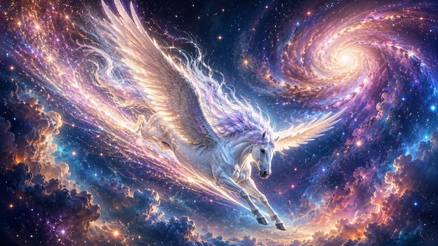 Cosmic Pegasus Dive Through Spiral Galaxies Wallpaper