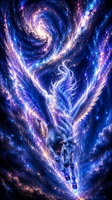 Cosmic Pegasus Descending Through Nebula Light Wallpaper