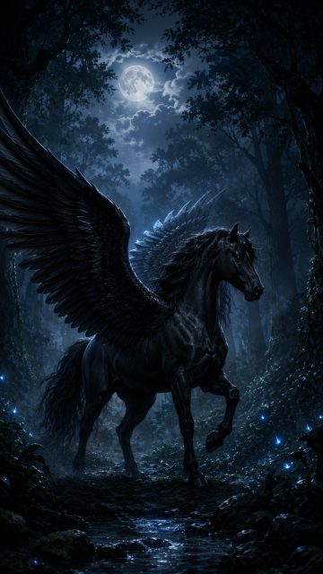Dark Forest Pegasus on a Moonlit Path Wallpaper