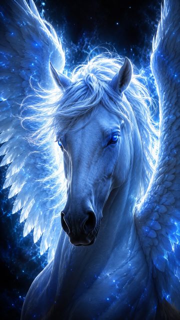 Divine Wing Pegasus Close-Up in Blue Light Wallpaper