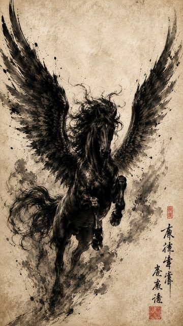 Fantasy Ink Pegasus with Shadowed Wings Wallpaper