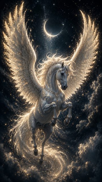 Pegasus Feather Glow Beneath the Moonlit Night Wallpaper