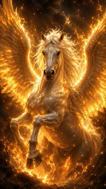 Firelight Pegasus with Burning Golden Wings Wallpaper