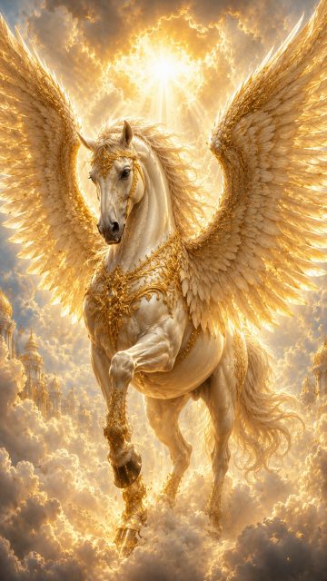 Golden Celestial Pegasus in Heavenly Clouds Wallpaper