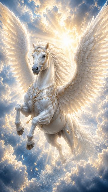 Heavenly Pegasus Flight Through Sunlit Clouds Wallpaper