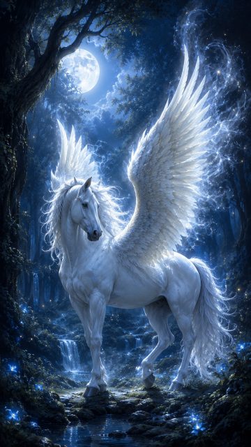 Moonlit Pegasus Forest Beneath the Silver Night Wallpaper