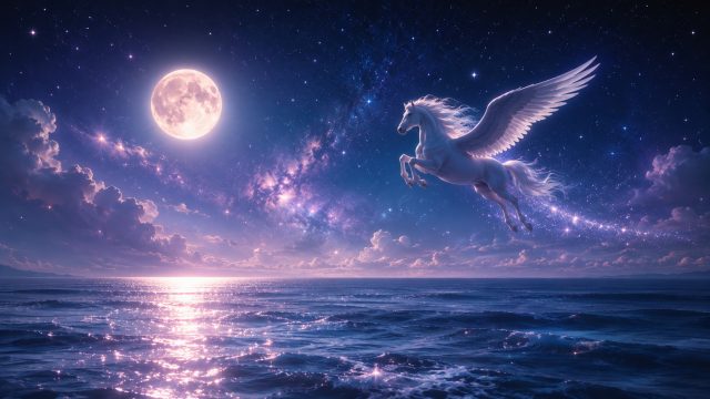 Pegasus Over the Ocean at Moonlit Night Wallpaper