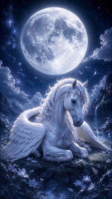 Pegasus Resting Beneath the Moonlight Wallpaper
