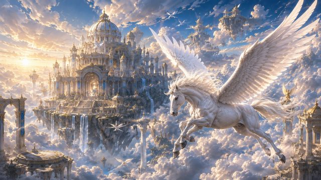 Pegasus Flying Through the Floating Sky Temple Wallpaper