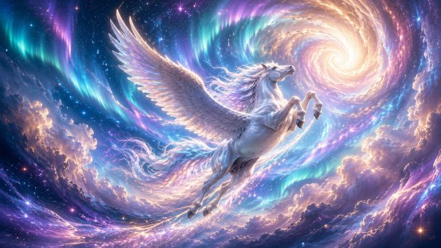 Spiral Flight Pegasus Through the Aurora Cosmos Wallpaper