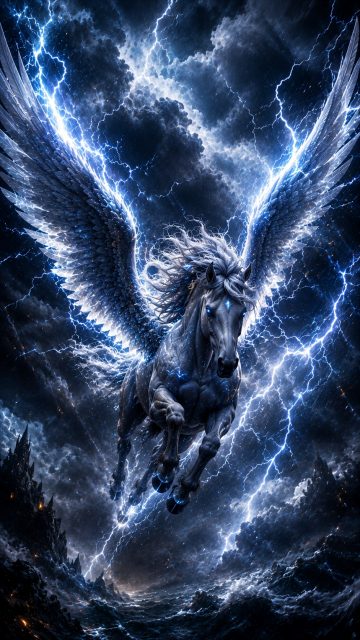 Pegasus Storm Flight Beneath the Thunderous Sky Wallpaper