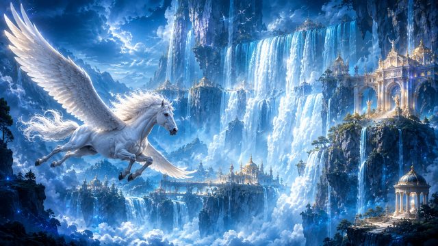 Pegasus Waterfall Flight Through Celestial Cascades Wallpaper