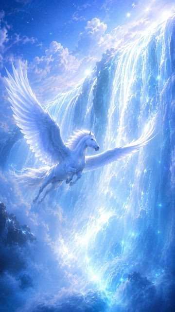 Pegasus Soaring Through Heavenly Waterfall Mist Wallpaper
