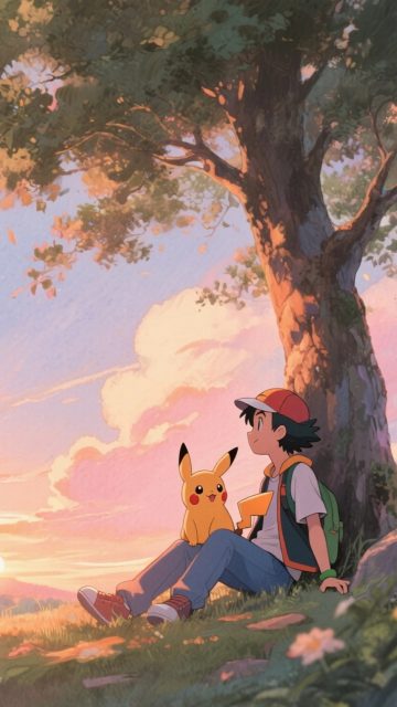 Pikachu and Ash Resting Under a Tree Wallpaper