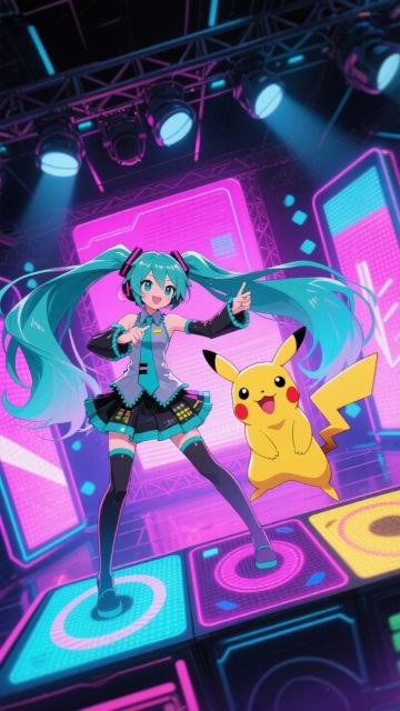 Pikachu and Hatsune Miku Neon Stage Wallpaper