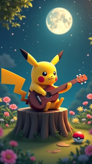 Pikachu Moonlit Guitar Performance Wallpaper