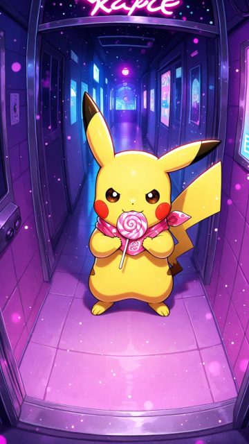 Pikachu in a Neon City Corridor Wallpaper