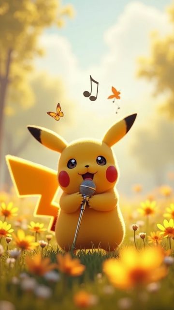 Pikachu Singing in a Wildflower Meadow Wallpaper