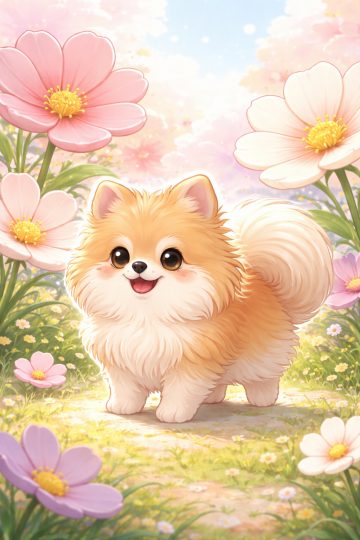 Pomeranian Among Giant Flowers Fantasy Wallpaper