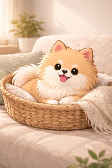 Pomeranian Relaxing in Woven Basket Bed Indoors Wallpaper