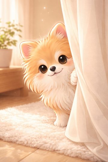 Pomeranian Peeking from Curtain in Soft Indoor Light Wallpaper