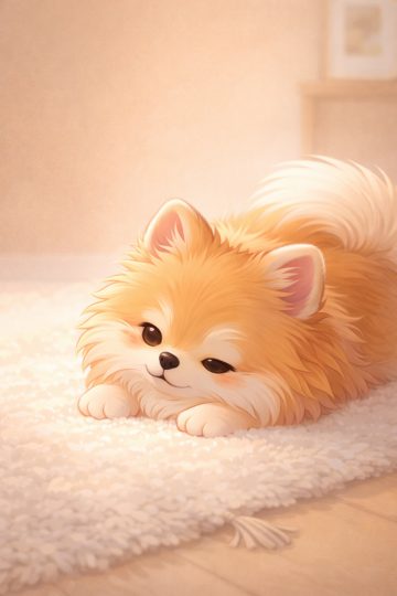 Pomeranian Resting on Soft Rug in Cozy Indoor Light Wallpaper