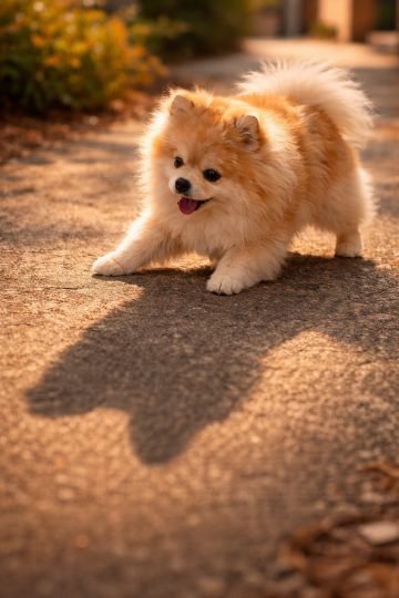 Pomeranian Playful Stretch on Sunlit Path Wallpaper