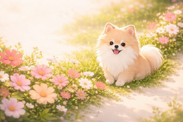 Pomeranian in Sunlit Flower Field Soft Wallpaper
