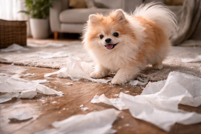 Pomeranian Surrounded by Torn Paper in Cozy Room Wallpaper