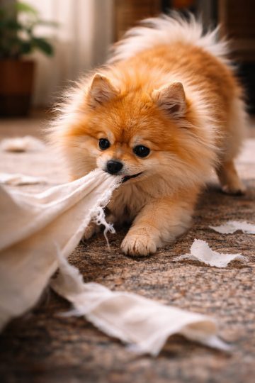 Pomeranian Tugging Fabric on Living Room Floor Wallpaper