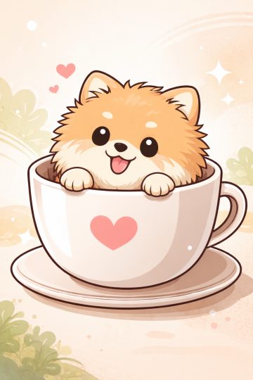 Pomeranian Sitting Inside Giant Teacup Cute Illustration Wallpaper