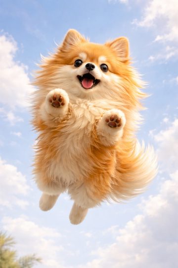 Pomeranian Jumping Toward Sky Low Angle Wallpaper