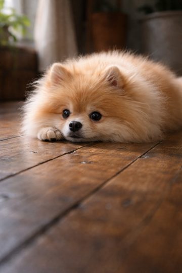 Pomeranian Lying on Wooden Floor Relaxed Home Scene