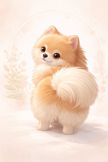 Pomeranian Standing with Subtle Floral Circle in Pastel Scene Wallpaper