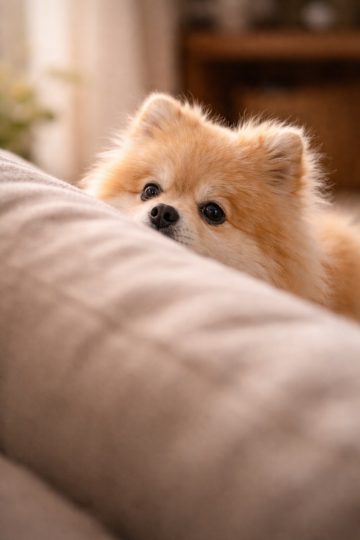 Pomeranian Peeking Over Cushion in Cozy Room Wallpaper