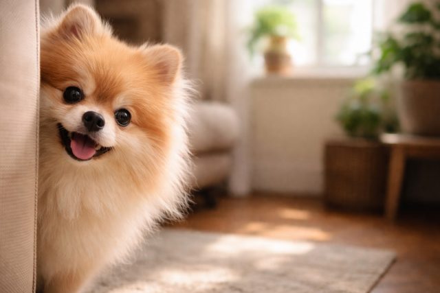 Pomeranian Peeking Around Corner in Sunlit Room