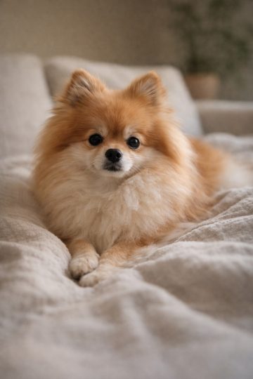 Pomeranian Resting on Bed Soft Natural Light Indoor