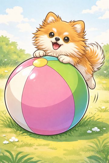 Pomeranian Riding Giant Beach Ball Cartoon Style Wallpaper