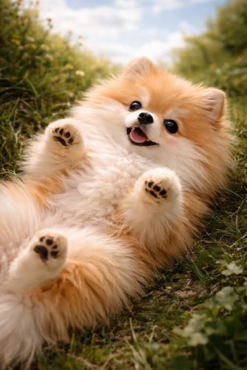 Pomeranian Rolling on Grass Under Open Sky Wallpaper