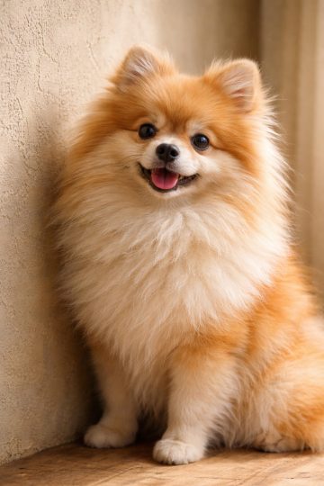 Pomeranian Sitting by Textured Wall Indoor Natural Light
