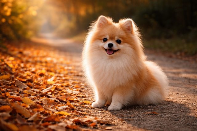 Pomeranian Sitting in Golden Autumn Forest Light Wallpaper
