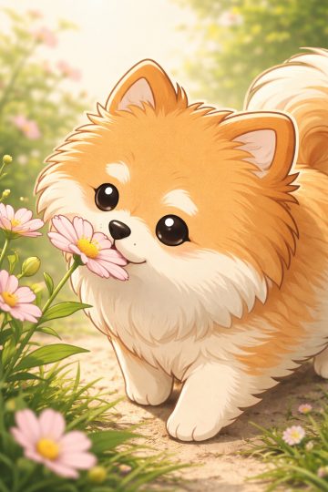 Pomeranian Sniffing Cosmos Flower Dreamy Wallpaper