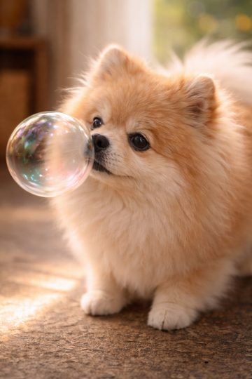 Pomeranian Sniffing Floating Bubble Close Up Wallpaper
