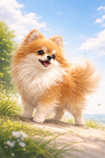 Pomeranian Standing in Breeze on Hilltop Sky Background Wallpaper