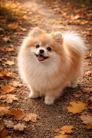 Pomeranian Standing on Autumn Leaf Path Warm Light Wallpaper