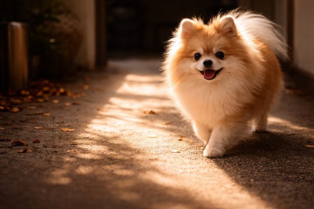 Pomeranian Stepping Into Golden Window Light Path Wallpaper