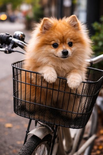 Pomeranian Sitting in Bicycle Basket on City Street Wallpaper