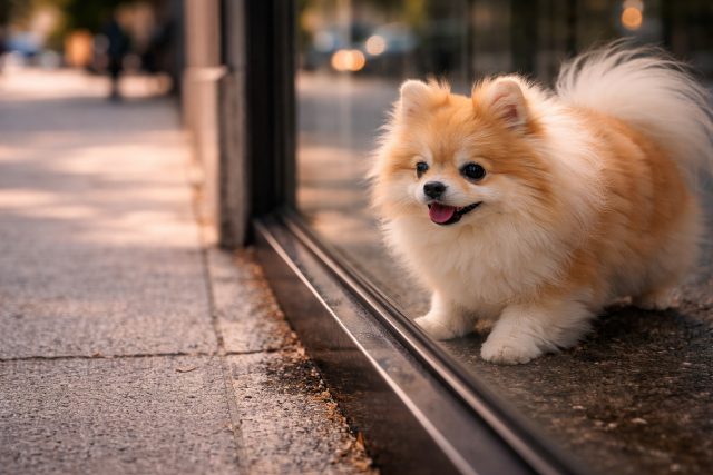 Pomeranian Walking Beside Window Reflection in City Wallpaper