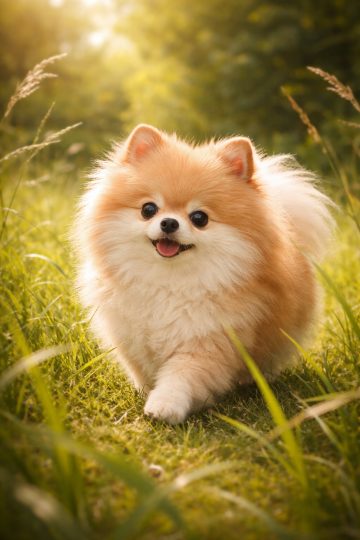 Pomeranian Walking in Sunny Grass Field Wallpaper