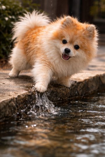Pomeranian Touching Water at Stone Edge Wallpaper